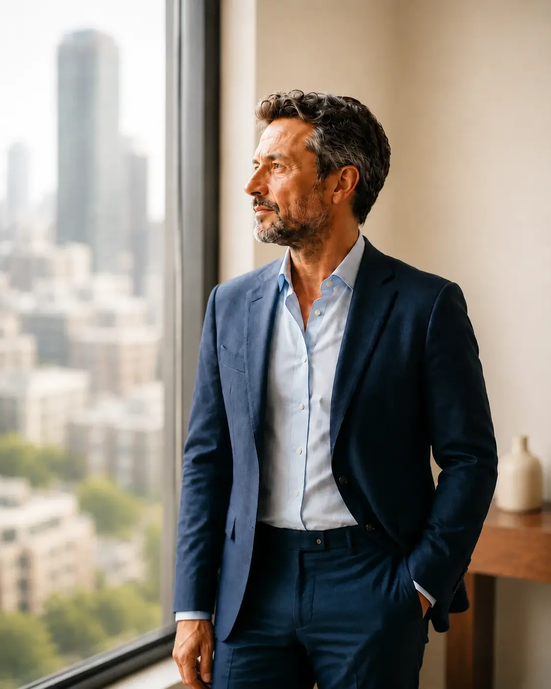 A man in a navy suit, standing by a window, thoughtfully looking out at the city skyline.