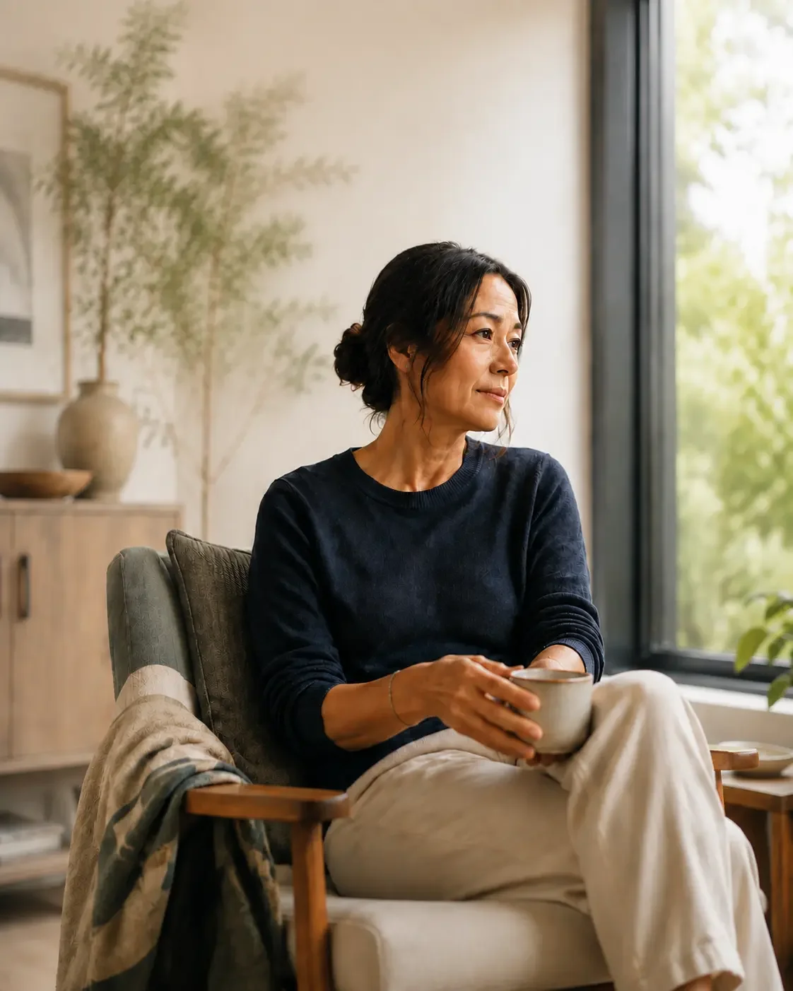 A woman sitting in a chair by a window, holding a cup, looking thoughtfully outside.