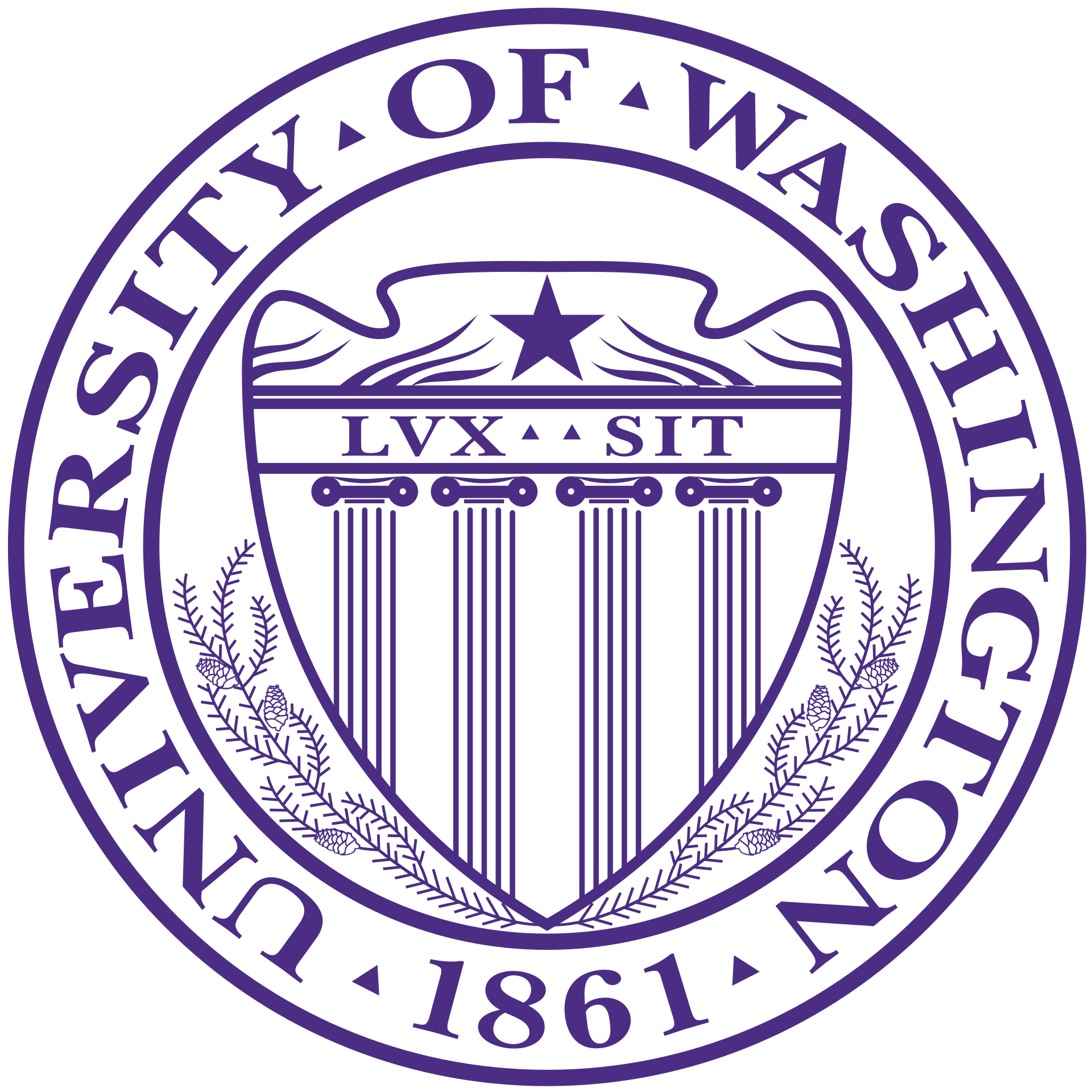 Seal of the University of Washington with the text 'University of Washington 1861' and a shield with a star, mountain range, and three pillars.