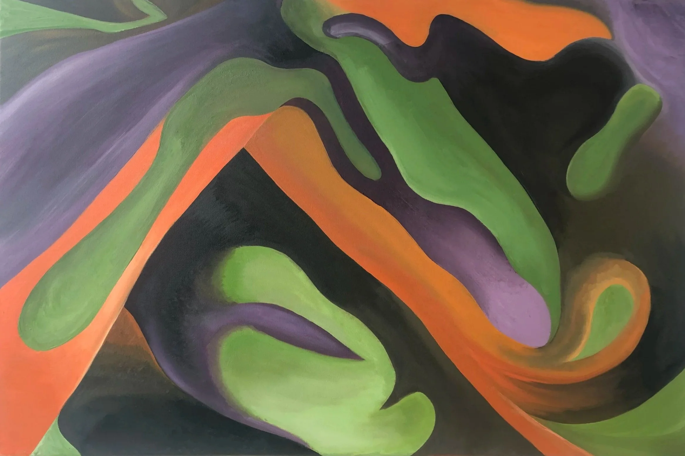 Triad swirl of orange, green, and violet in a poetic symbiosis