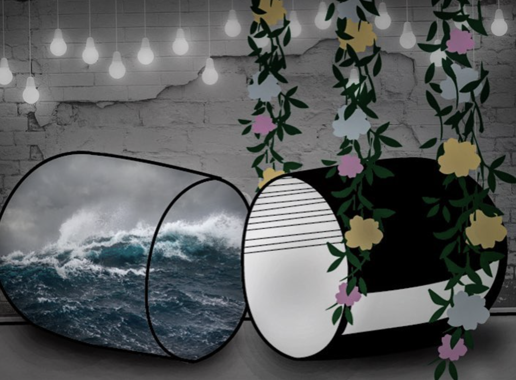 A modern digital artwork, featuring a scene of ocean waves inside the transparent pill capsule, hanging above a wall with string lights and surrounded by hanging flower vines with alternating yellow, pink, and white flowers.
