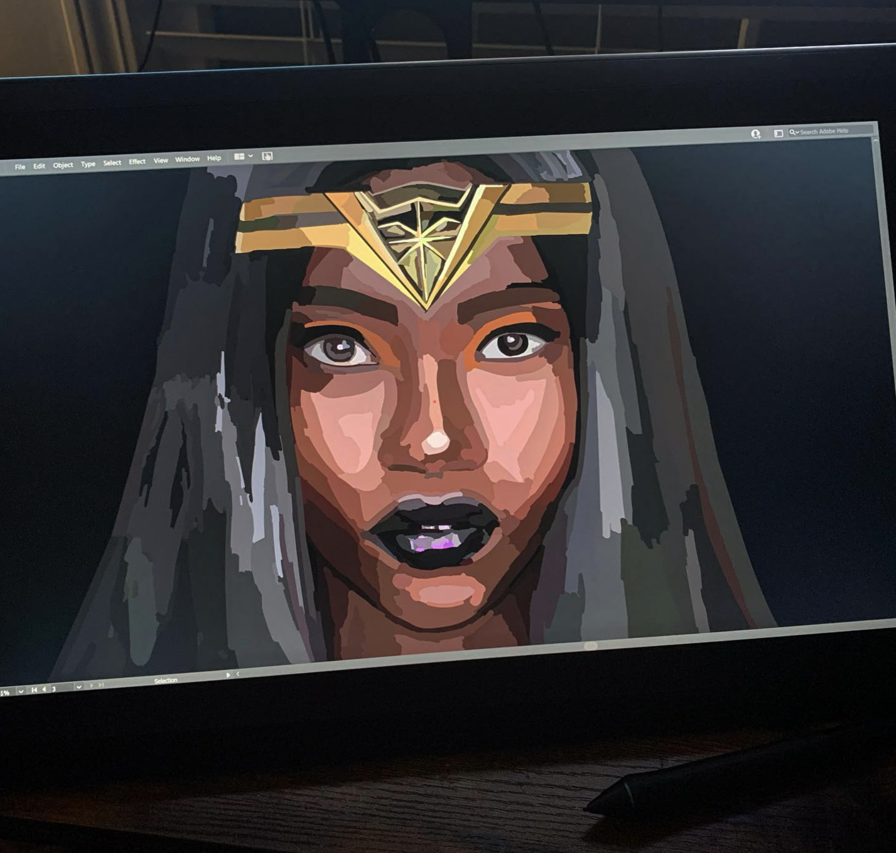 Digital illustration of a black woman with dark hair and dark lipstick, wearing a wonder woman crown with a star at the top, set against a dark background.