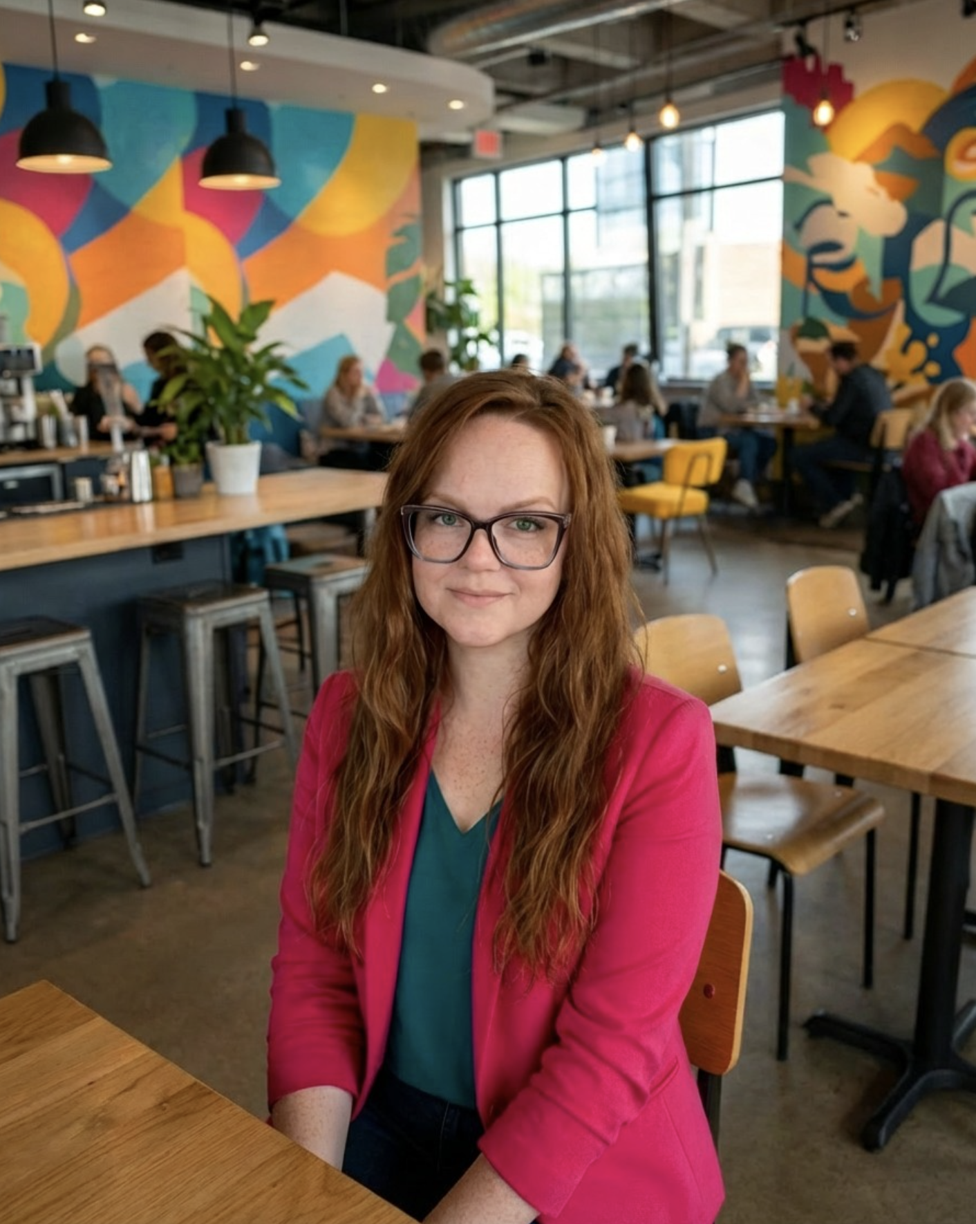 A woman with long red hair and glasses sitting at a wooden table in a colorful, lively coffee shop with mural art on the walls, large windows, plants, and several customers in the background.