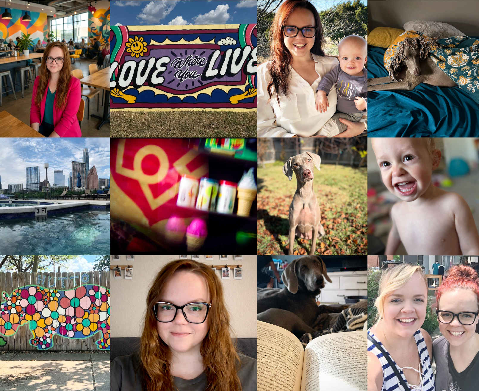 Compilation of various photos including a woman in a pink blazer at a restaurant, a colorful art mural, a woman and a baby outdoors, a dog resting on a bed, a city skyline with a pool, colorful artwork on a fence, a woman with glasses, a dog sitting indoors, a book open on a table, and two women smiling outdoors.