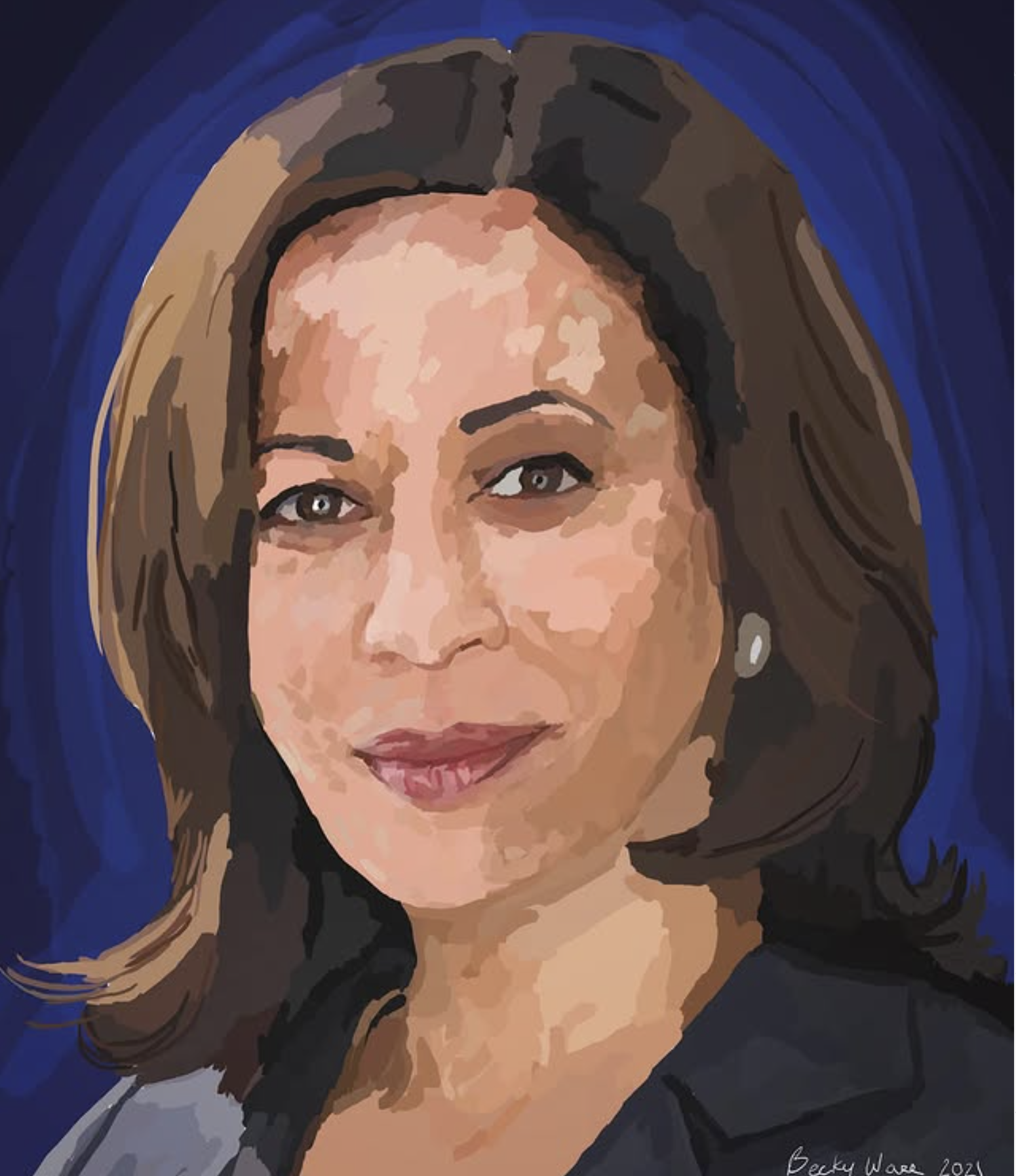 A digital painting of Kamala Harris with shoulder-length dark brown hair, wearing pearl earrings and a dark blazer, set against a dark blue background.