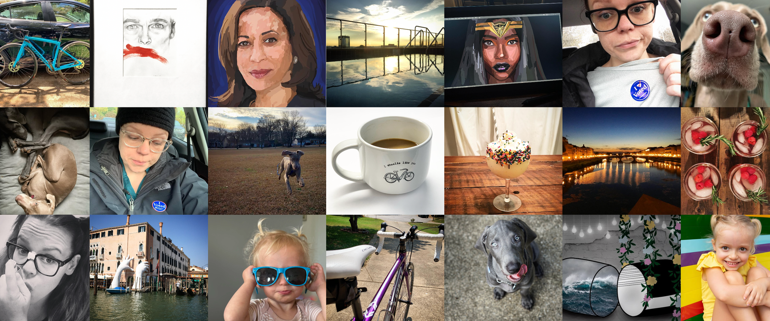 A collage of various scenes including bicycles parked outdoors, a pencil sketch of a woman with red lipstick, a woman with brown hair, a sunset over a swimming pool, a digital artwork of a woman with gray hair and makeup, a woman with glasses and a sticker that says "I Voted," a close-up of a dog, a woman in a car with glasses and a sticker, a dog running in a field, a white coffee mug with a bicycle design, a lemon dessert with sprinkles, a sunset over a river, four glasses of rosé with raspberries and herbs, a close-up of a man with glasses, a historic building, a young girl with sunglasses, a bicycle, a black dog with blue eyes, a woman with a ponytail, a seaside scene with a pavilion and boats, and a young girl smiling.