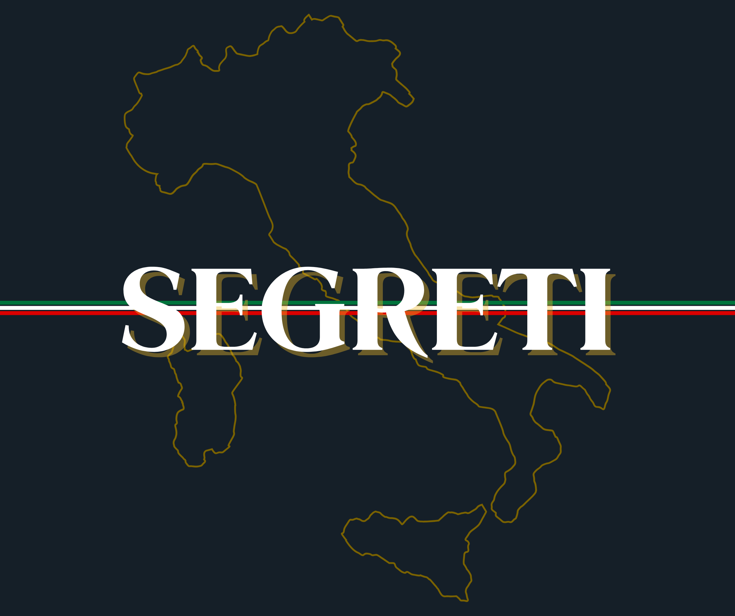 The image features a dark background with an outline of the country of Italy in gold. The word 'SEGRETI' is prominently displayed in large white and gold letters across the center, with a horizontal strip of the Italian flag colors (green, white, and red) running behind the text.