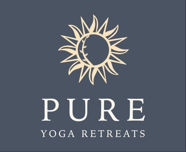 Logo for Pure Yoga Retreats featuring a stylized sun and moon design and the text 'PURE YOGA RETREATS'.