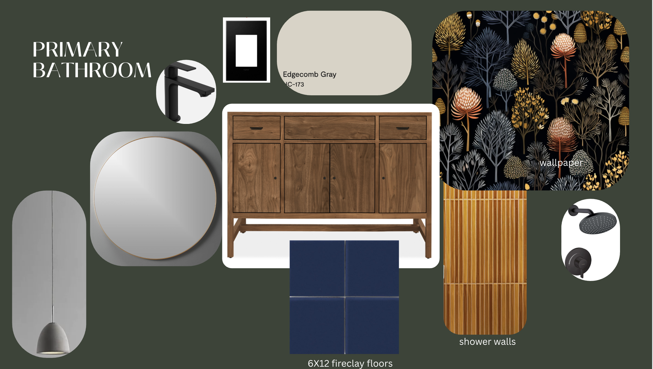 Collage of bathroom design elements including black faucet, framed mirror, Edgecomb Gray paint, wallpaper with colorful trees, wooden bathroom cabinet, blue tiles, gray pendant light, black showerhead, and orange shower walls. Text labels indicating 