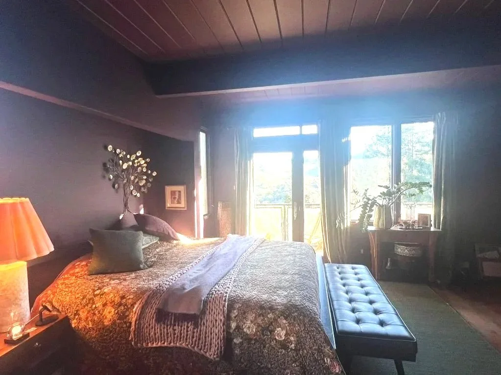 Color Drenched Bedroom creates a cocoon-like spatial envelope through color drenching in a deep blackberry tone, resulting in an atmosphere that feels moody, feminine, and subtly sensual. Extending color across walls, trim, and ceiling softens visual