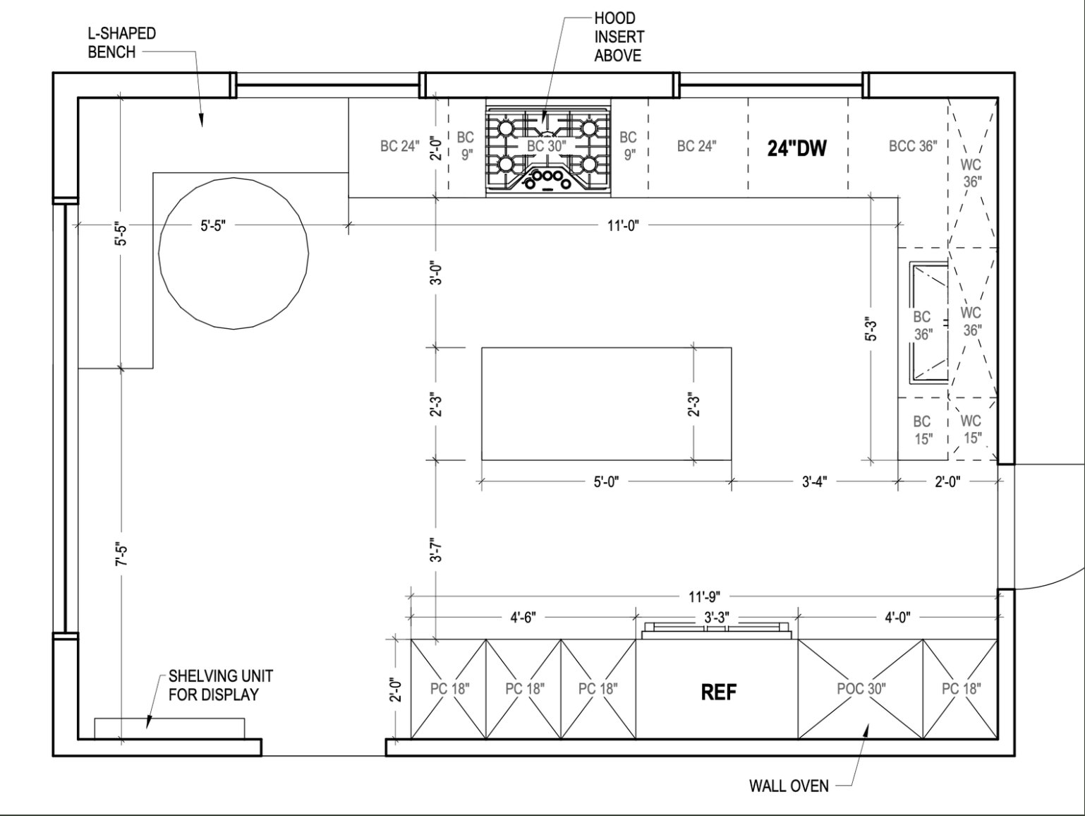 Architectural floor plan of a kitchen with measurements, labels for appliances like a wall oven, refrigerator, shelving, and cabinets, along with areas designated for display shelving and kitchen benches.