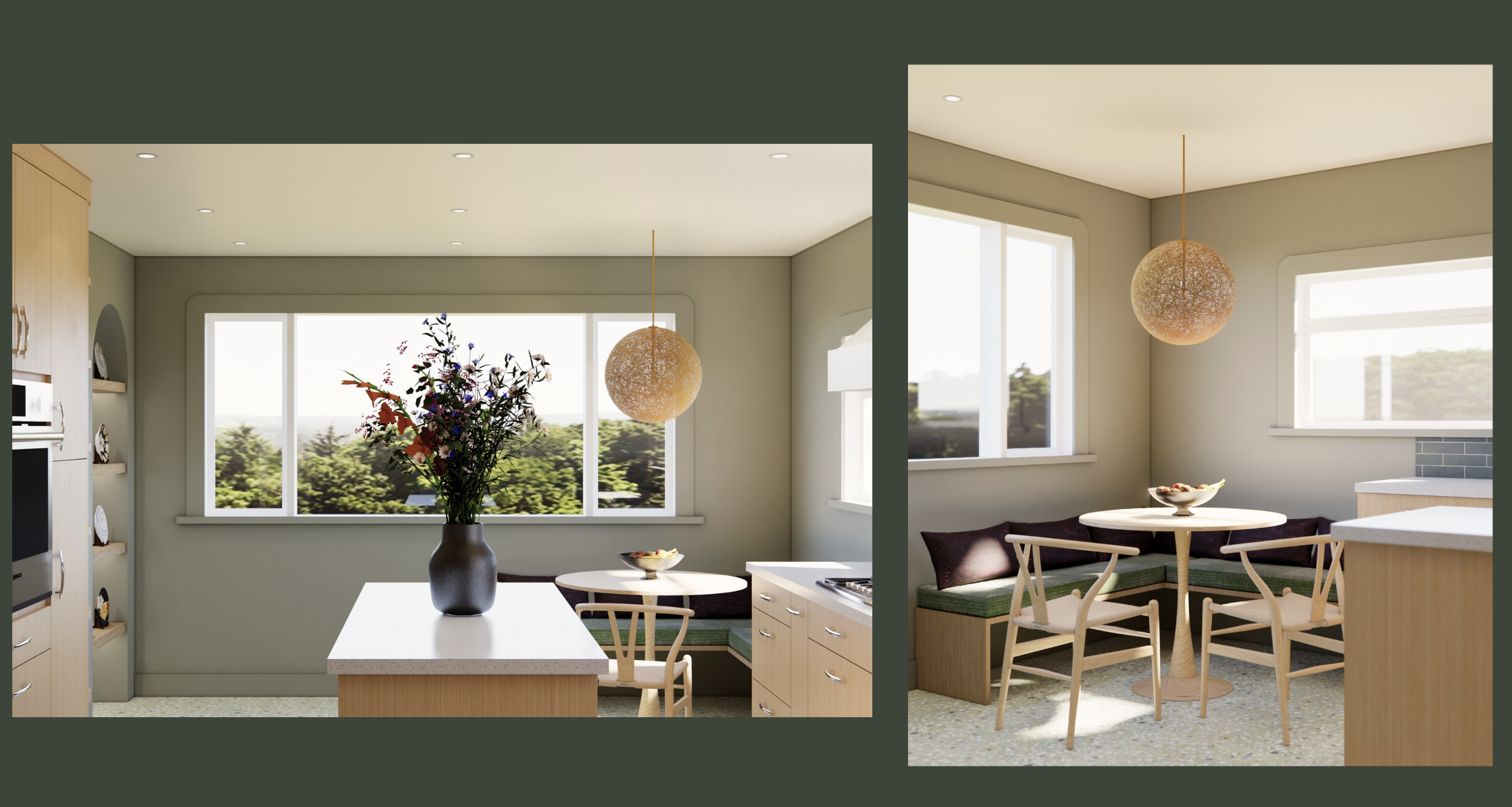 A modern kitchen and dining area with large windows, a ceiling light fixture, a table with chairs, and a built-in corner bench with cushions.