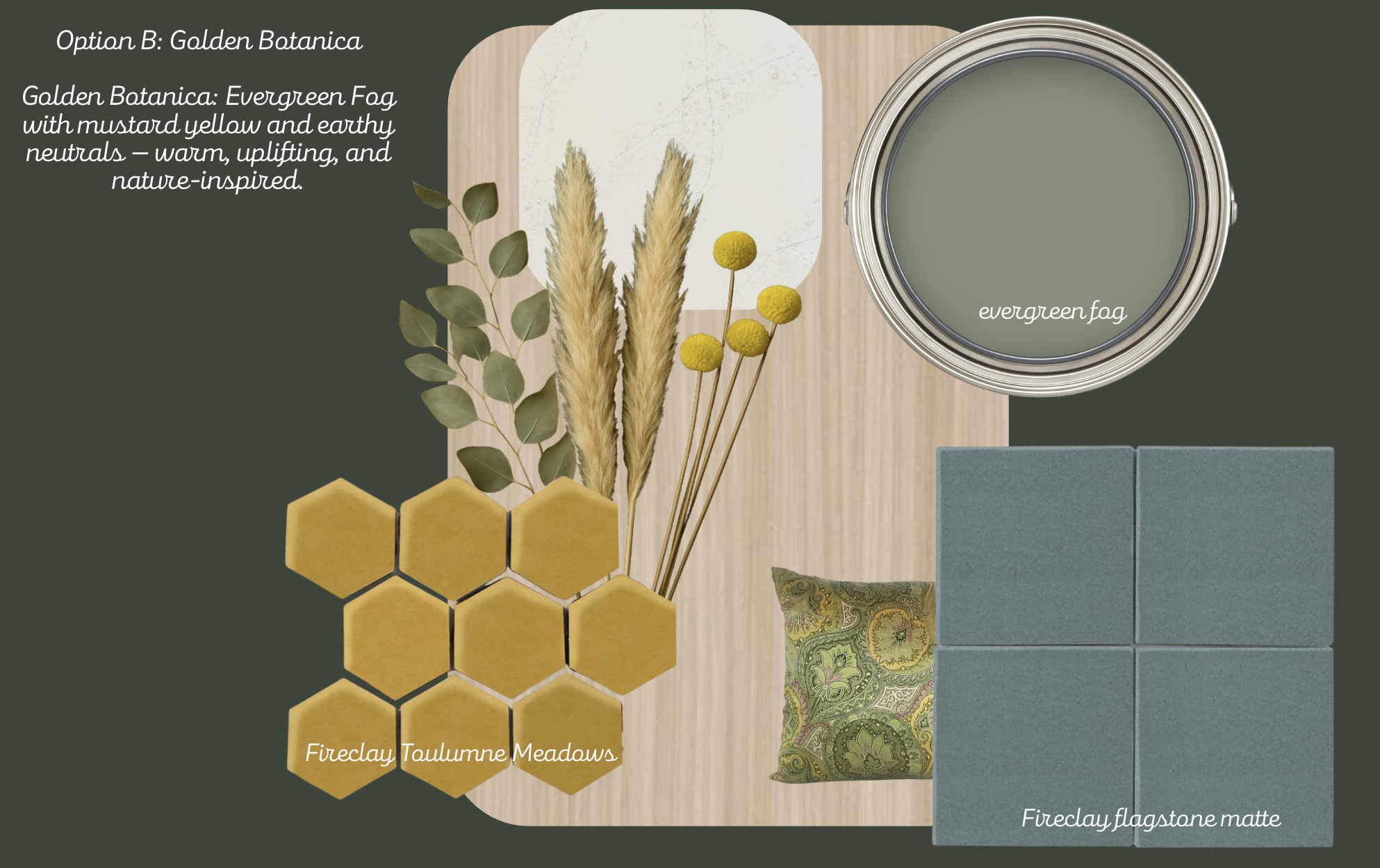 A mood board featuring various interior design elements: a round container of evergreen fog paint, a patch of fireclay flagstone matte tiles, a decorative pillow with an intricate pattern in green and yellow, a light wood surface, yellow honeycomb ti