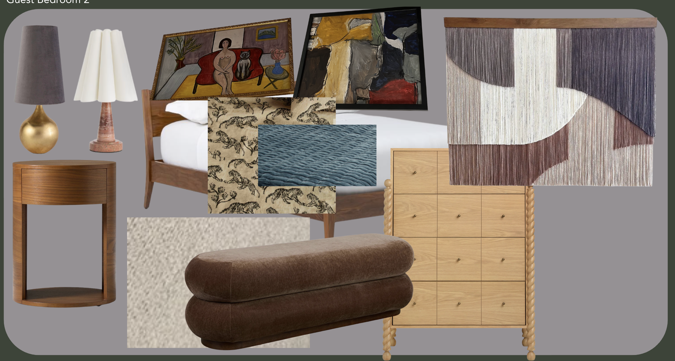 A collage of various home decor items including two table lamps, paintings, a bed with patterned bedspread, artwork, rugs, a wooden dresser, a chaise lounge, and a textured wall hanging.