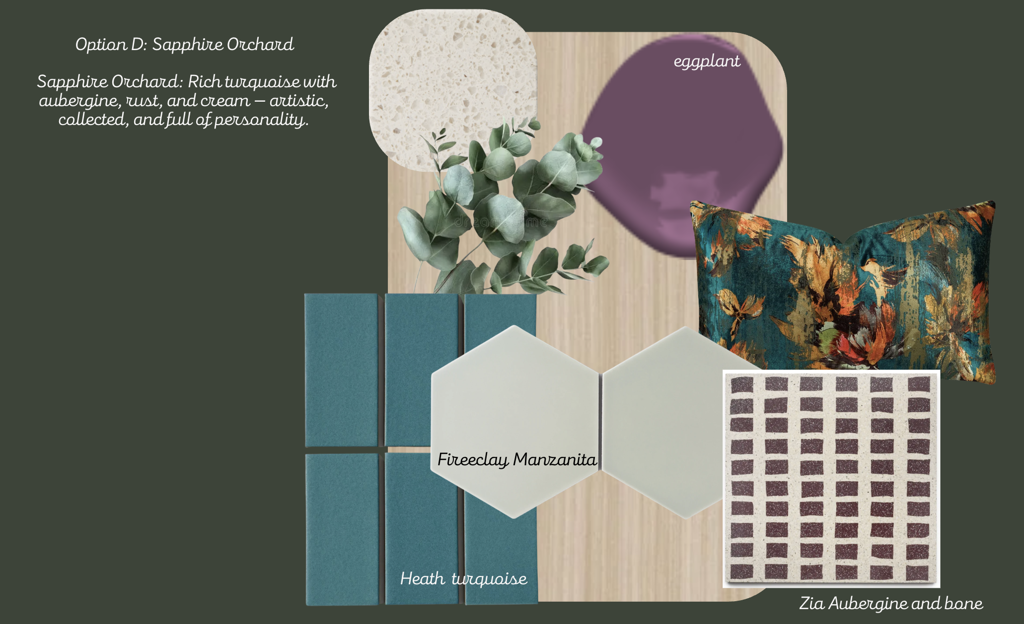 A digital mood board featuring interior design elements including a sapphire orchard textured tile, a hexagonal fireplace tile labeled 'Fireclay Manzanita,' a patterned pillow with autumn leaves, a purple eggplant-shaped object, a beige circular text
