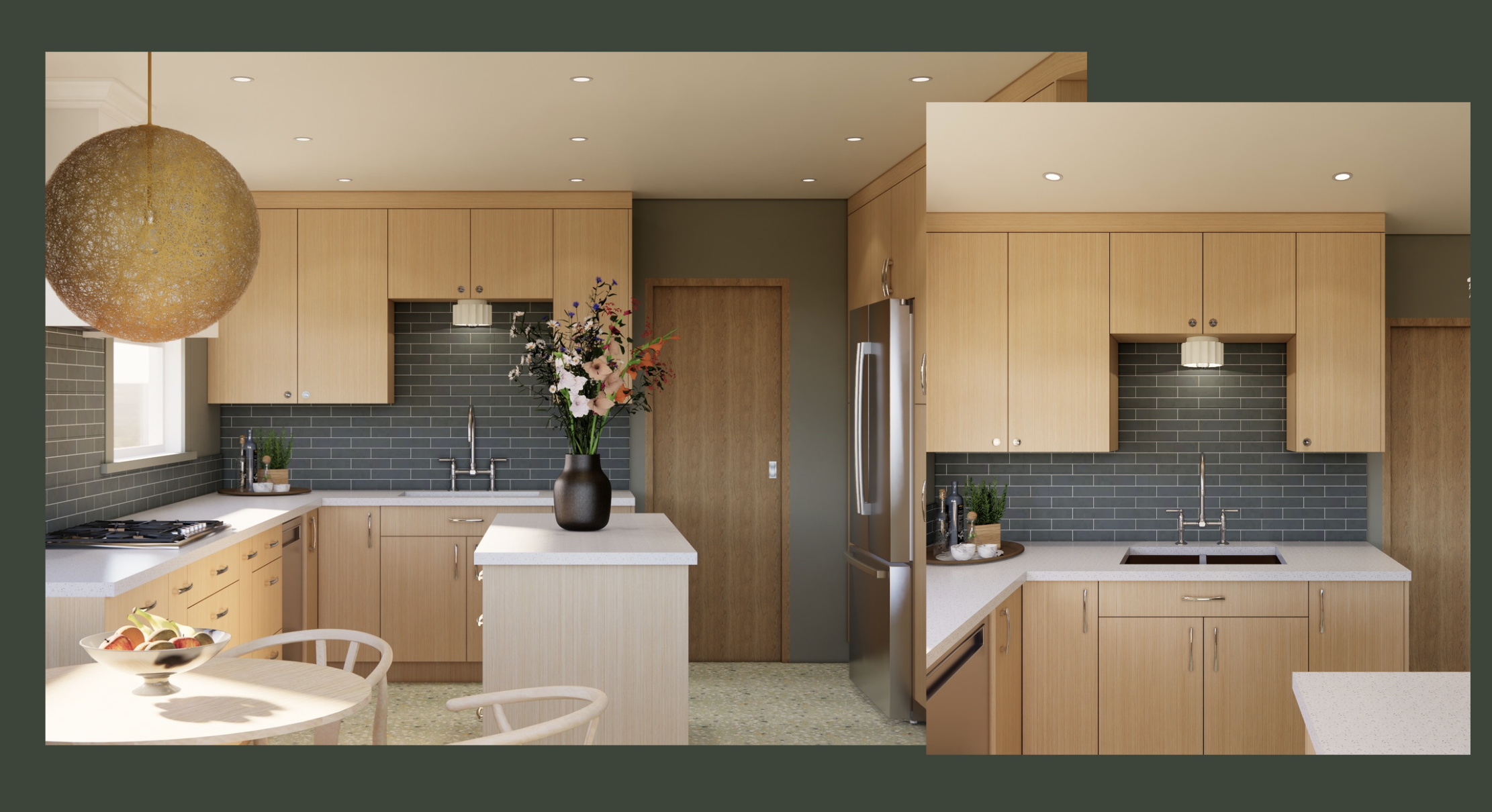 A modern kitchen with light wood cabinets, gray subway tile backsplash, white countertops, a small kitchen island with a flower vase, a bowl of fruit on the table, and a stainless steel refrigerator.