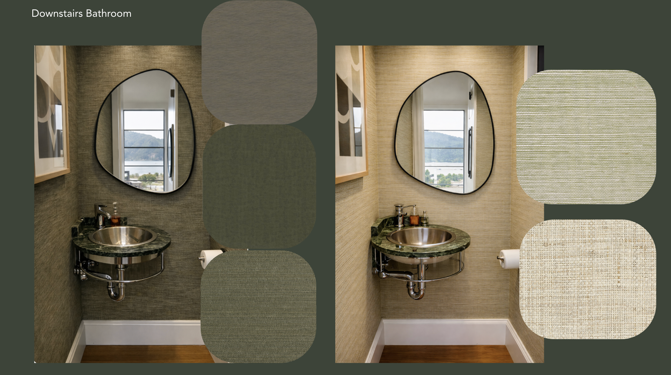 Comparison of two bathroom corner sinks with mirrors and wallpaper. The left side shows a darker, textured wallpaper with green and brown tones, while the right side displays a lighter, beige textured wallpaper. Both sinks are topped with a green mar