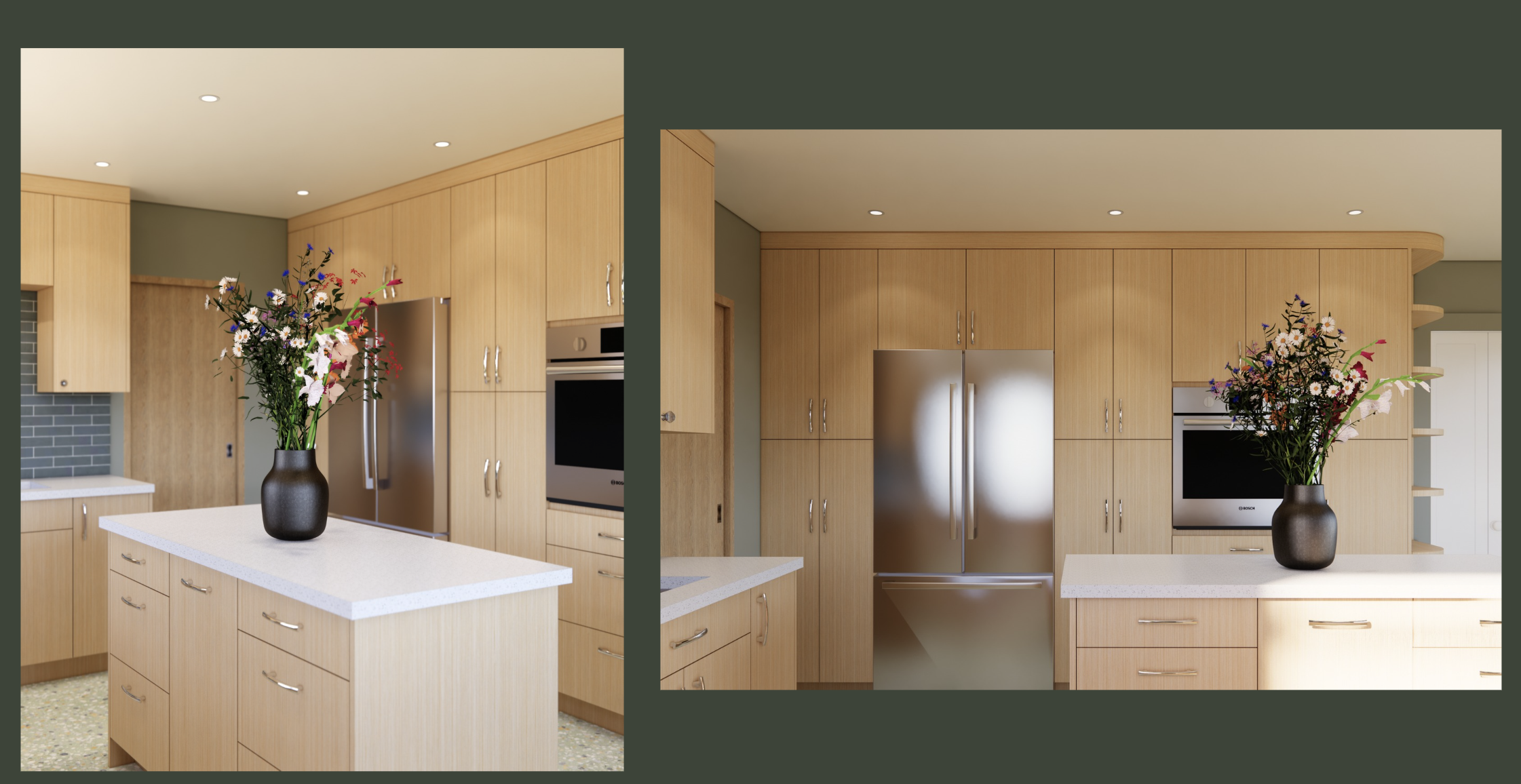 Kitchen with wooden cabinets, a white countertop island with a vase of flowers, stainless steel refrigerator and oven, gray tile backsplash, and a patterned floor.