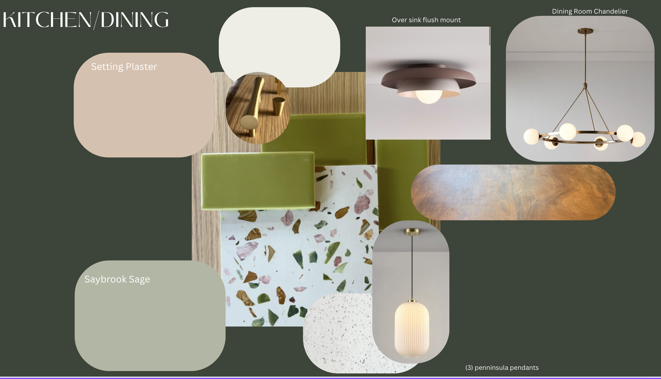Collage of kitchen and dining room design elements, including lighting fixtures, color palettes, and materials.