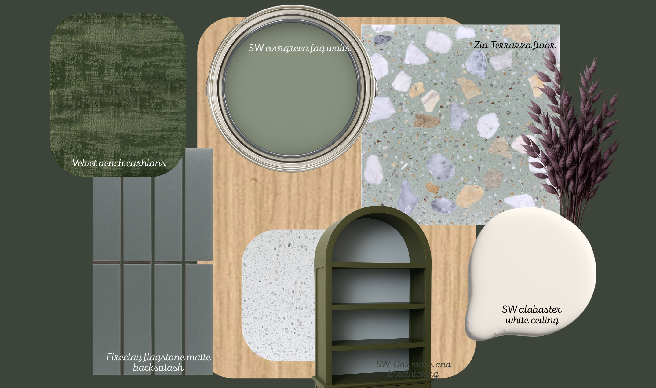 A collage featuring various interior design elements including a velvet bench cushion, fireclay flagstone matte backsplash, SW evergreen fog walls, Zia terrazzo floor, SW alabaster white ceiling, and a green arched shelf.
