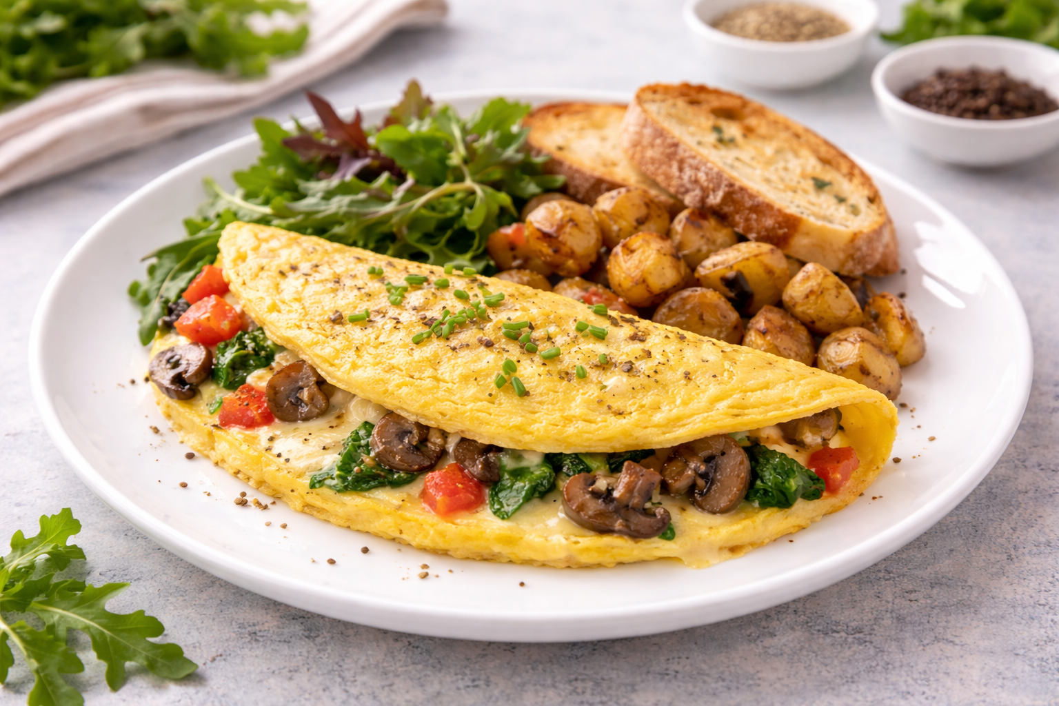 An omelette filled with mushrooms, spinach, and tomatoes, served with toasted bread, sautéed mushrooms, and a side salad with greens.