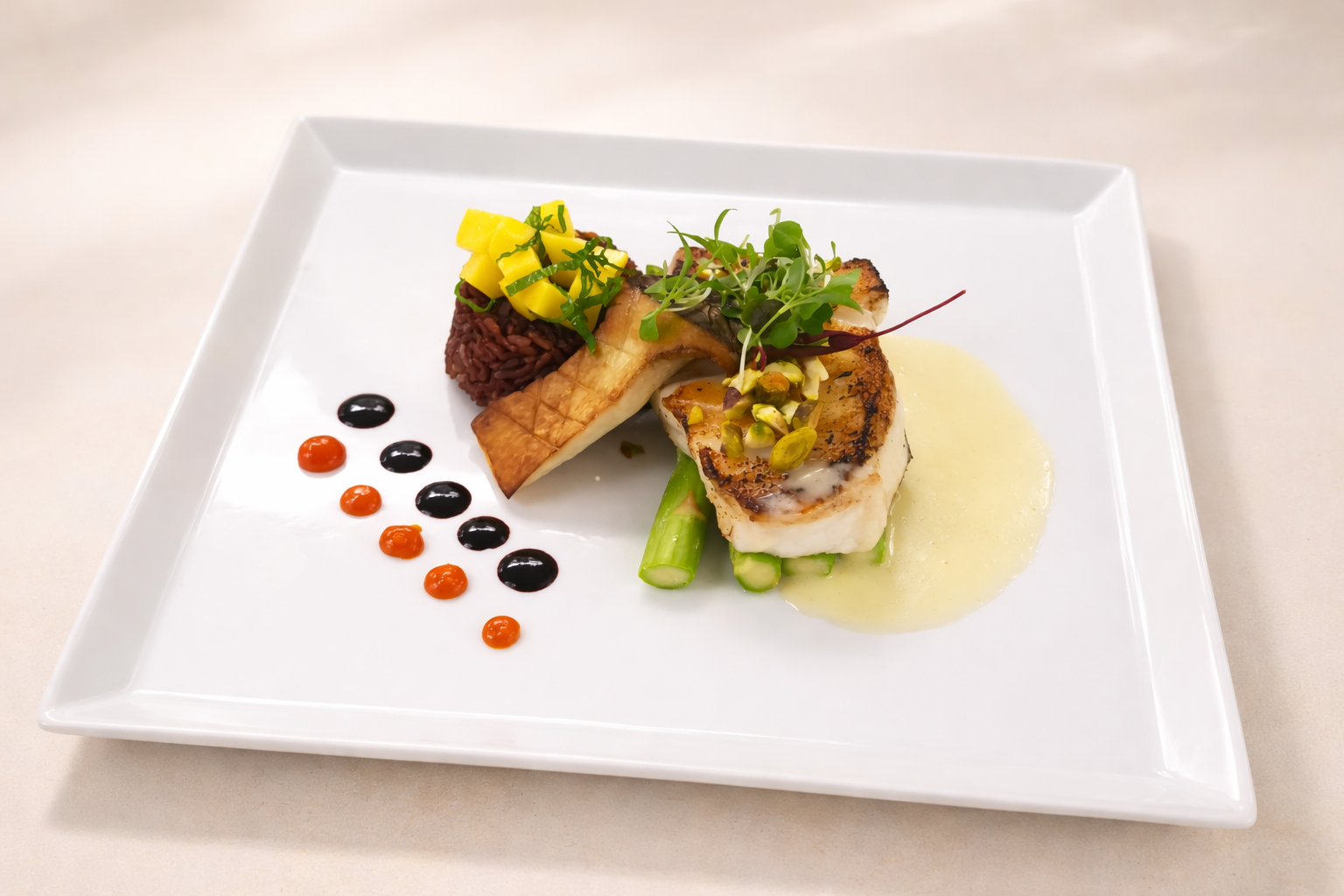 A plated gourmet meal featuring seared fish fillet with green beans, topped with microgreens, served with a creamy sauce, alongside black and orange sauce drops, rice topped with diced mango, grilled vegetable, and garnish.