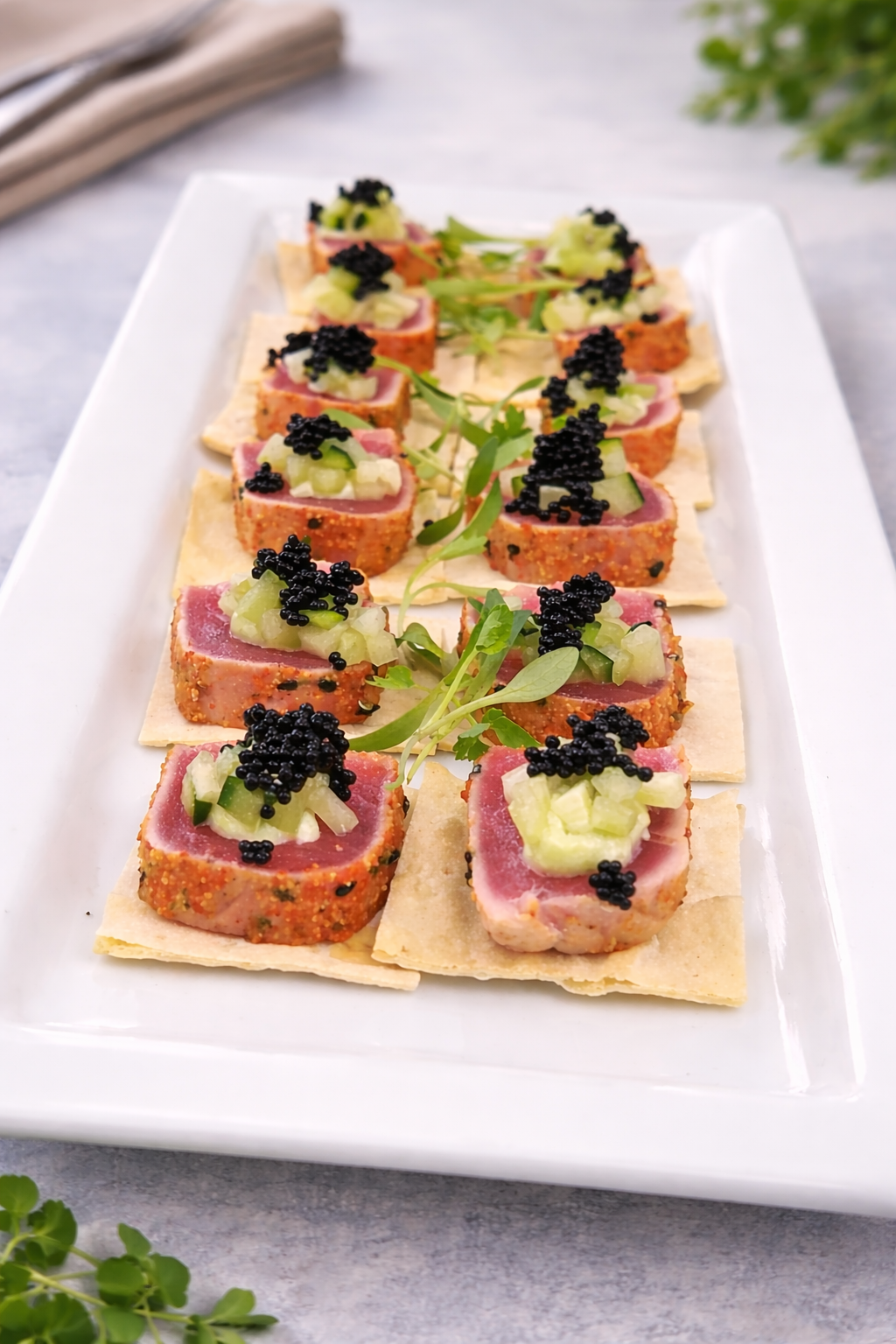 Seared tuna bites topped with chopped cucumbers, black caviar, and garnished with microgreens on a white serving platter.
