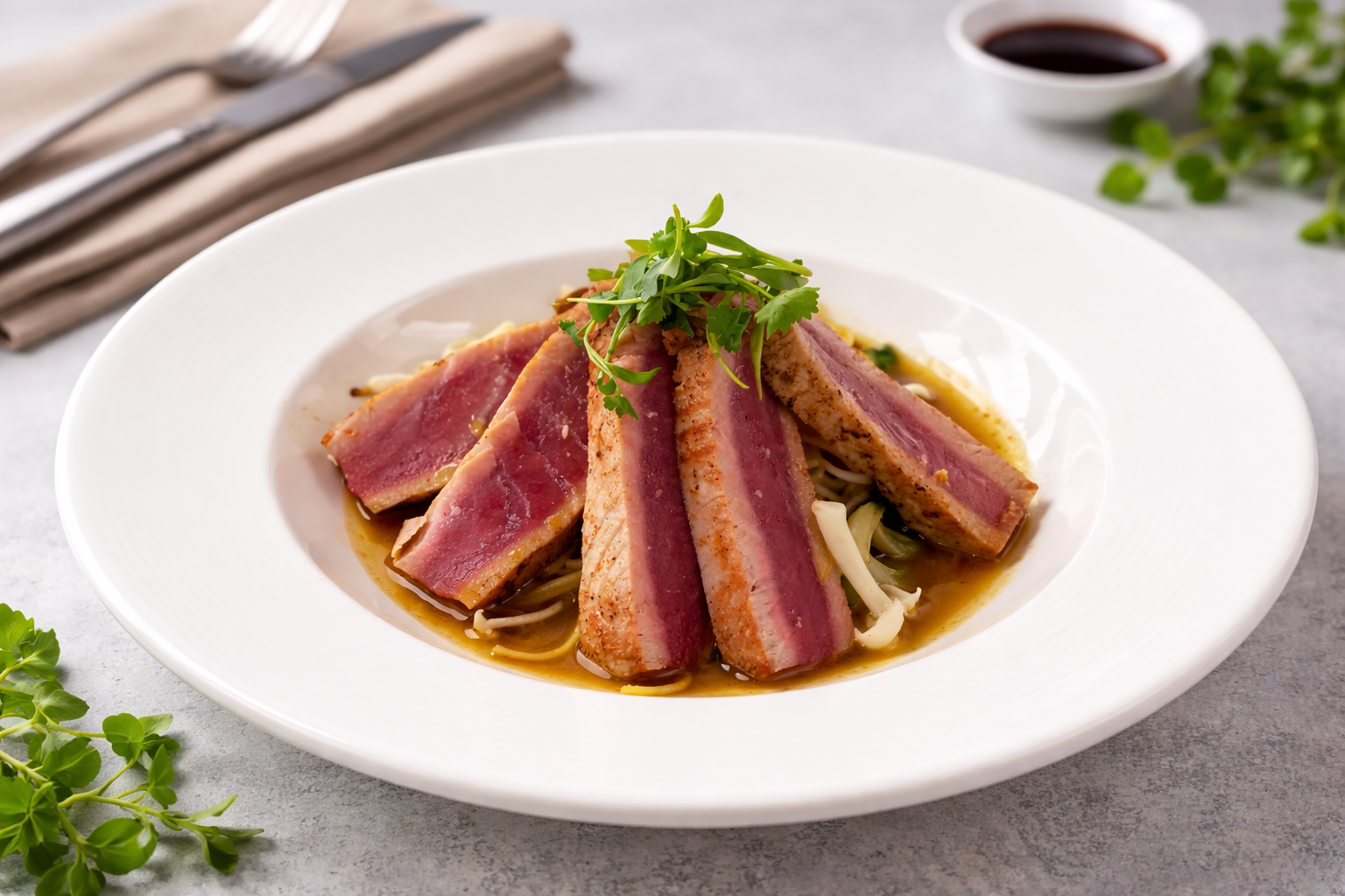 Seared tuna steaks on a bed of noodles garnished with fresh herbs, served on a white plate with a small dish of soy sauce in the background.