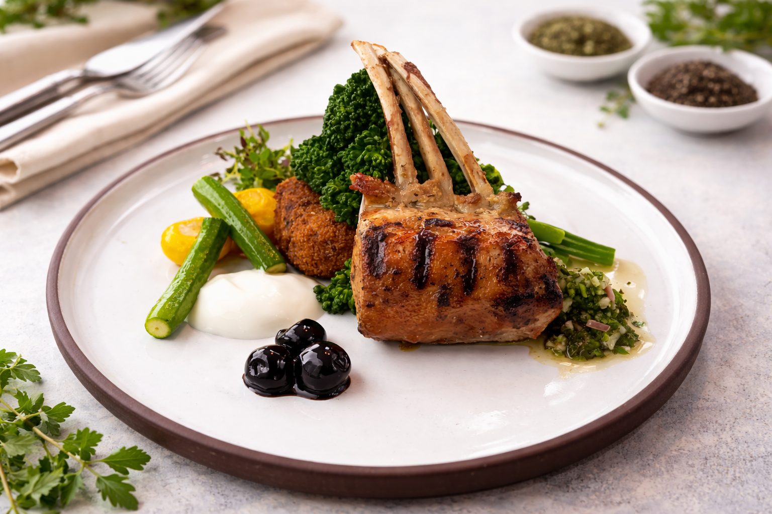 Grilled lamb chop with vegetables, cherry tomatoes, green beans, broccoli, and a dollop of white sauce on a white plate.