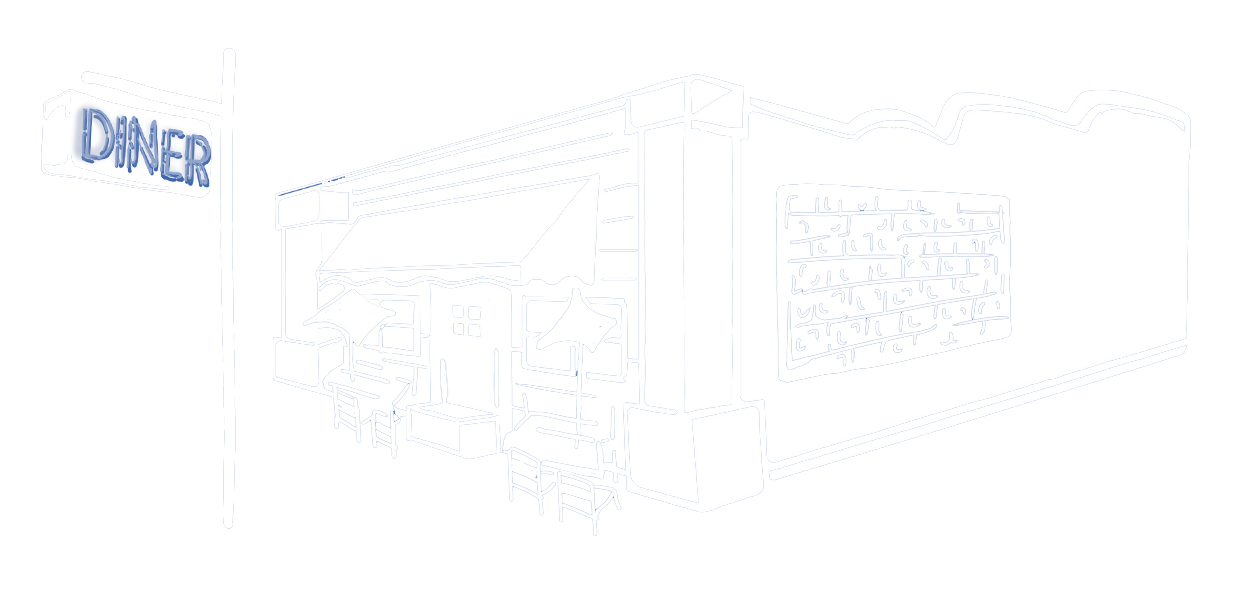 Line drawing of a diner with a neon sign reading 'DINER' and outdoor seating with umbrellas.