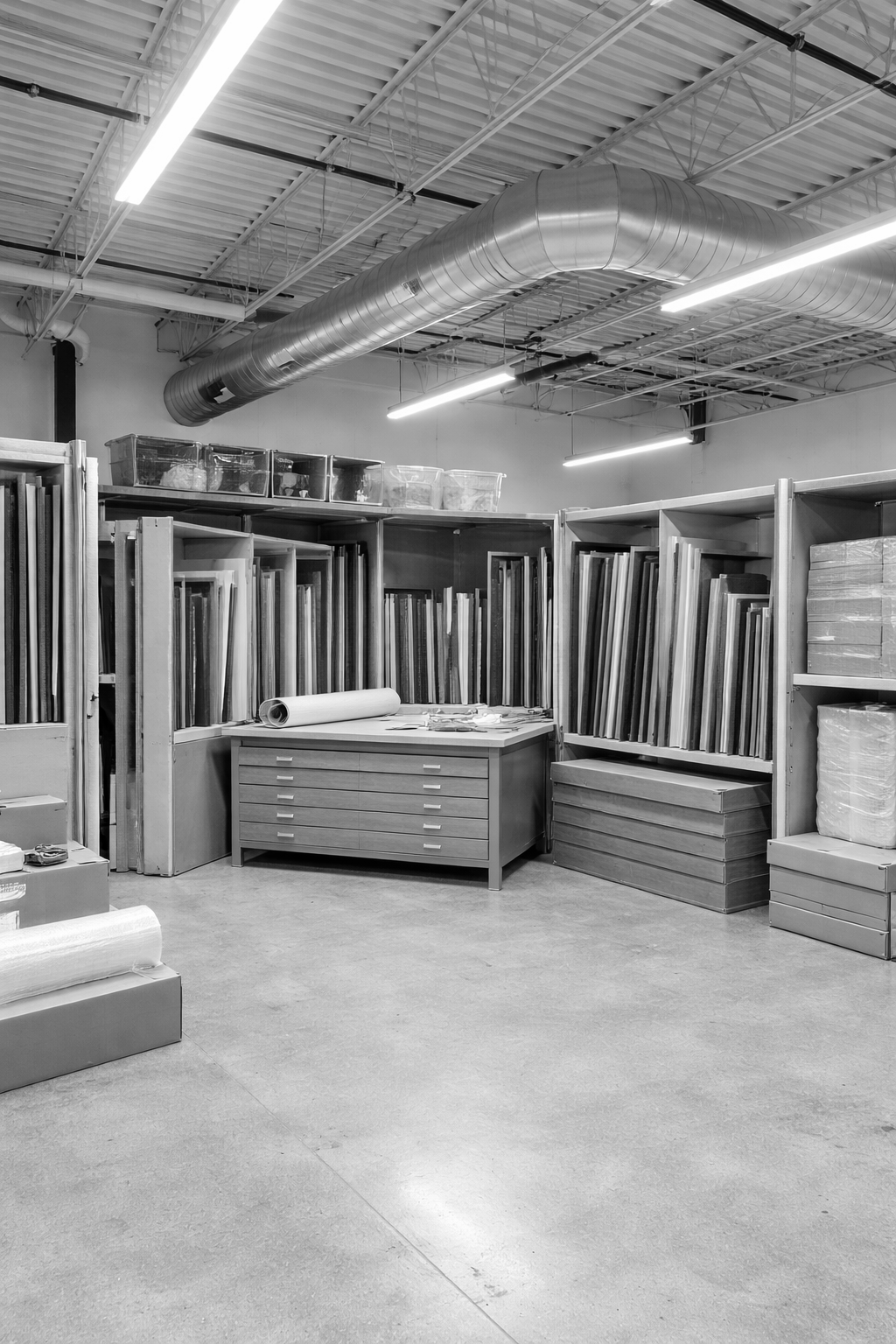 A storage room or warehouse with shelves filled with rolls of material, possibly fabric or wallpaper, and various boxes and containers, some stacked on top of the shelves.