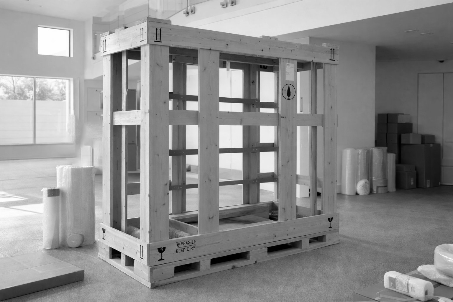 An unfinished wooden shipping crate inside a room, with packaging materials and boxes nearby