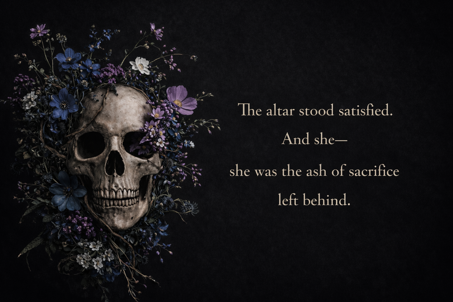 A human skull decorated with purple, blue, and white flowers against a dark background, with a quote about sacrifice and remembrance.