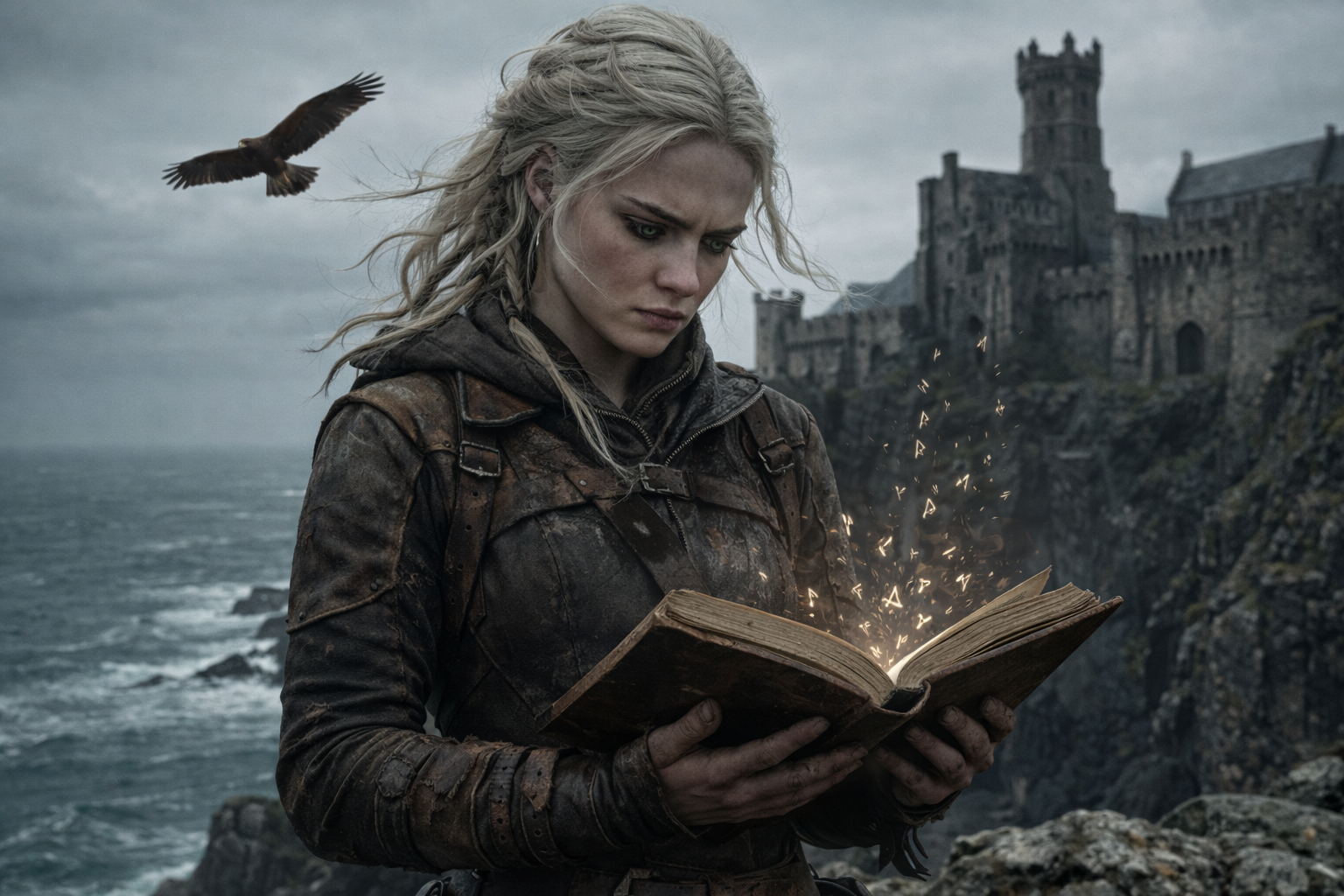 A woman with blonde hair in a braid, dressed in leather armor, stands by the ocean holding an open ancient-looking book with glowing magical symbols. A large bird is flying in the background, and a castle is seen on a hill behind her on a cloudy day.