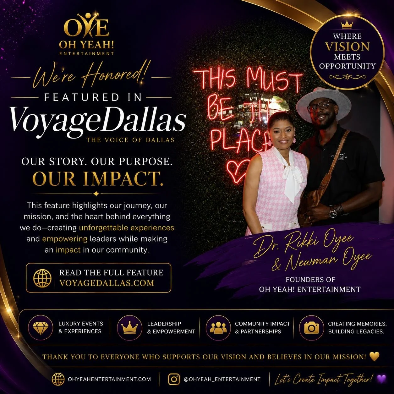 ✨ FEATURED IN VOYAGE DALLAS ✨
We are incredibly honored and grateful to share that OhYeah! Entertainment has been featured in VoyageDallas.
This feature is more than a business milestone&mdash;it is a reflection of our journey, our purpose, and the h