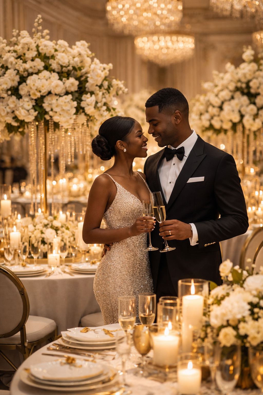 A couple in wedding attire sharing a toast at an elegantly decorated wedding reception with floral centerpieces and candlelit tables.
