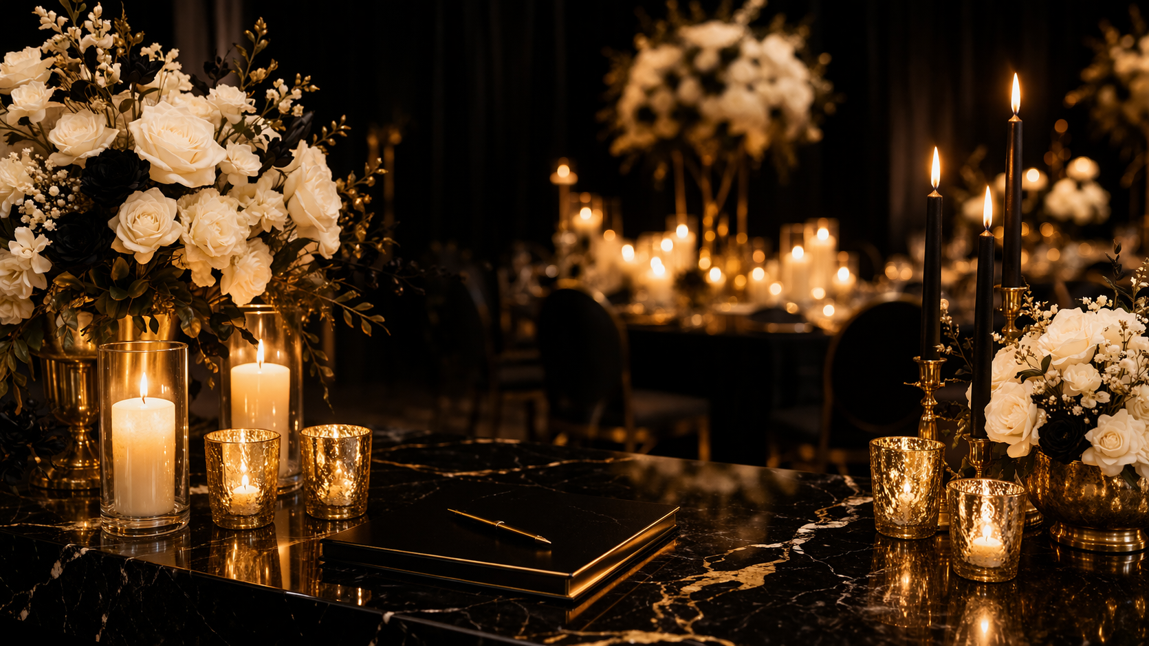 Elegant table set with white and black floral arrangements, tall black candles in golden holders, and lit candles in glass holders, all on a black marble table, in a dimly lit room.