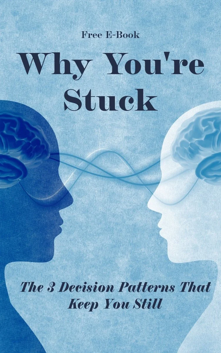 Cover of a free e-book titled 'Why You're Stuck: The 3 Decision Patterns That Keep You Still' featuring two illustrated human profiles facing each other, with brains connected by lines.