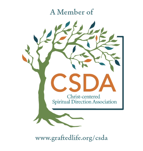 Logo of Christ-centered Spiritual Direction Association featuring a stylized tree with green branches and multicolored leaves, with text indicating membership and website.