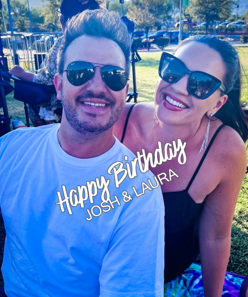 Josh Smith and Laura Wright, lead vocalists of Million Dollar Band, pose for a picture to celebrate their birthdays.