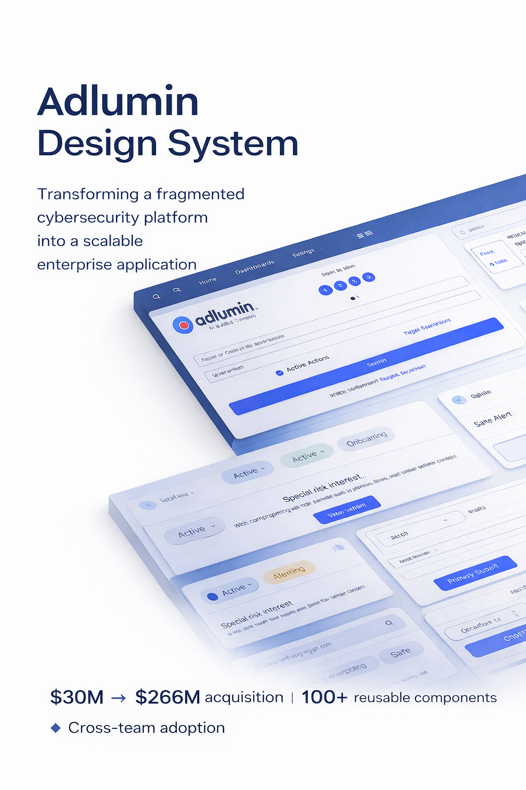 Cover page of a presentation or brochure for Adlumin Design System, describing its use in transforming a fragmented cybersecurity platform into a scalable enterprise application, featuring a screenshot of the application's user interface.