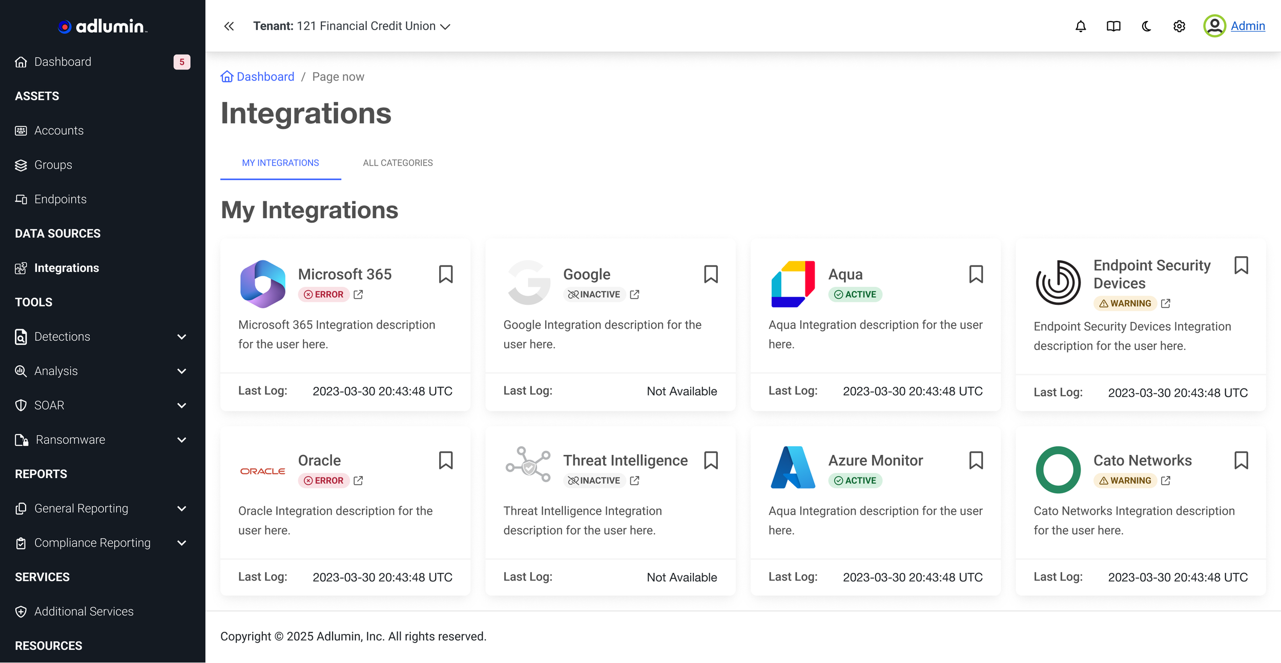 Screenshot of a web dashboard showing various integration status cards, including Microsoft 365, Google, Aqua, Endpoint Security Devices, Oracle, Threat Intelligence, Azure Monitor, and Cato Networks, with labels indicating their status such as error, inactive, active, and warning.