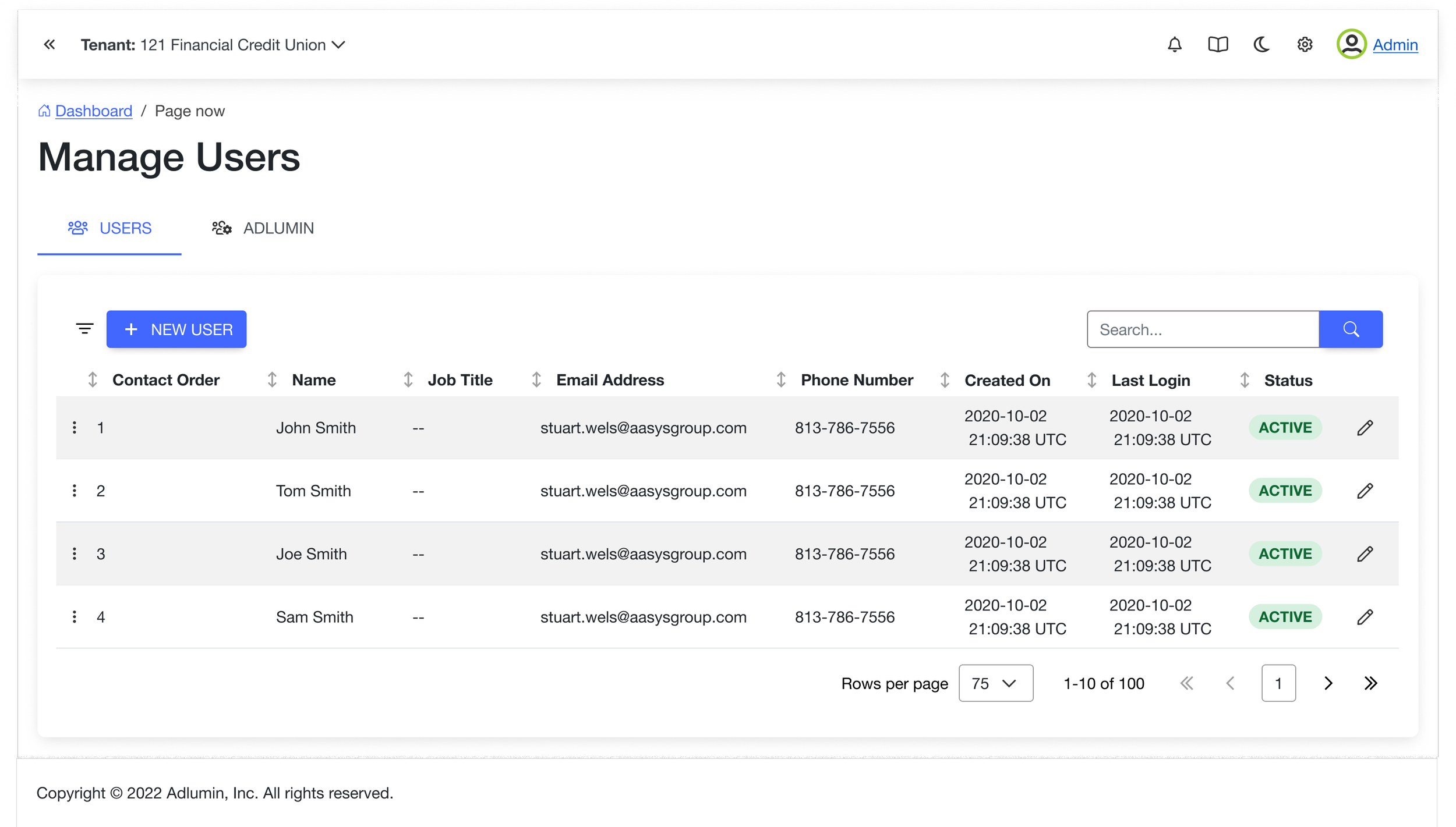Screenshot of a user management page for a financial credit union online platform, displaying a list of four users named John, Tom, Joe, and Sam Smith, with details such as email, phone number, creation date, last login, and status marked as active.