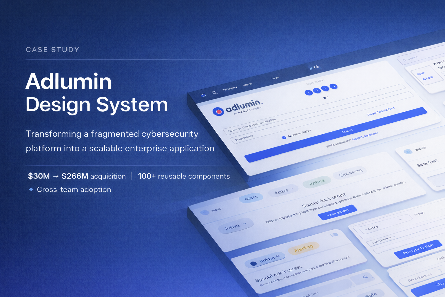 A presentation slide for Adlumin's Design System, showing a computer interface, with the text about transforming cybersecurity platforms and acquisition details.