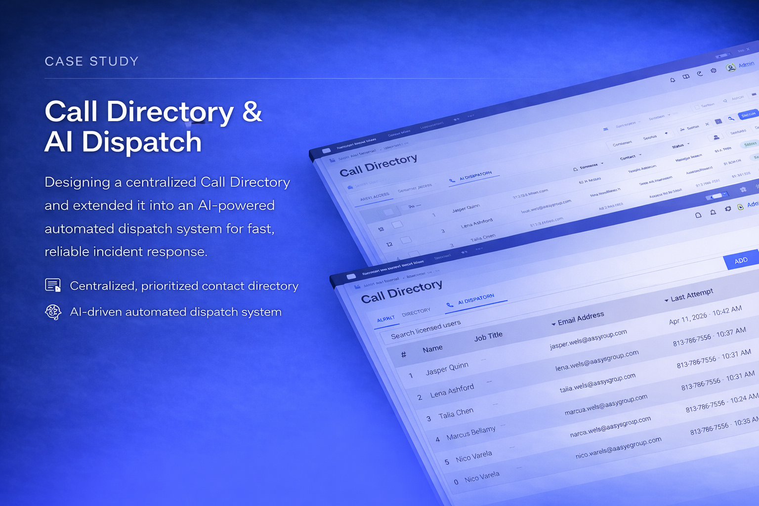 Presentation slide showing a case study about call directory and AI dispatch, with text describing designing a centralized call directory and AI-powered automated dispatch system, alongside screenshots of a call directory interface.