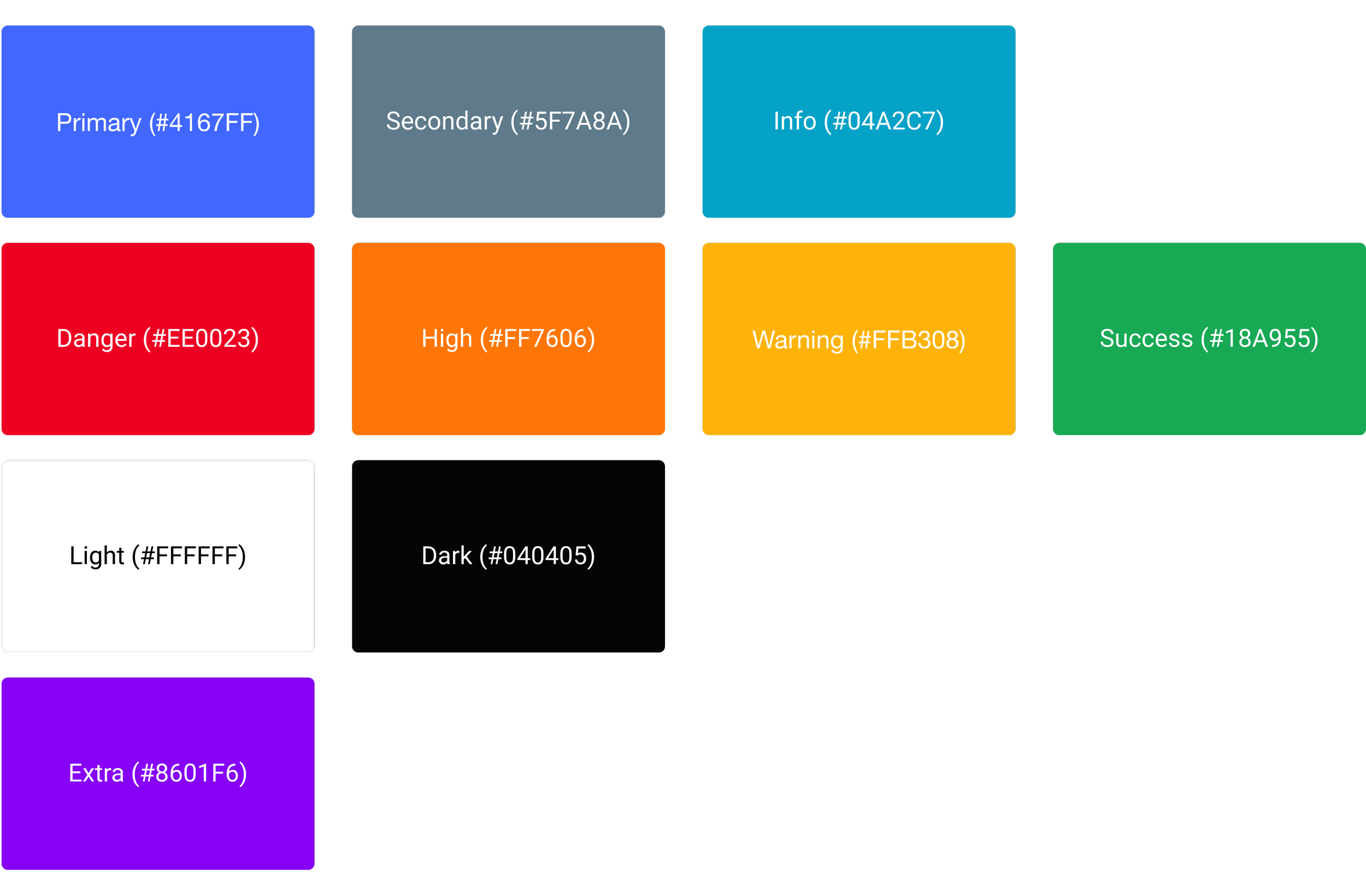 Color palette chart showing 12 various colors with labels and hex codes, arranged in a grid of three rows and four columns.