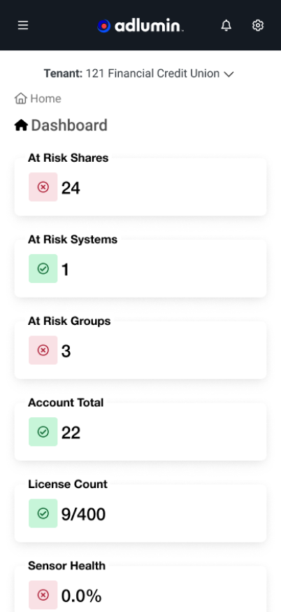 Mobile app dashboard showing financial risk data for a tenant, including shares, systems, groups, total accounts, license count, and sensor health.