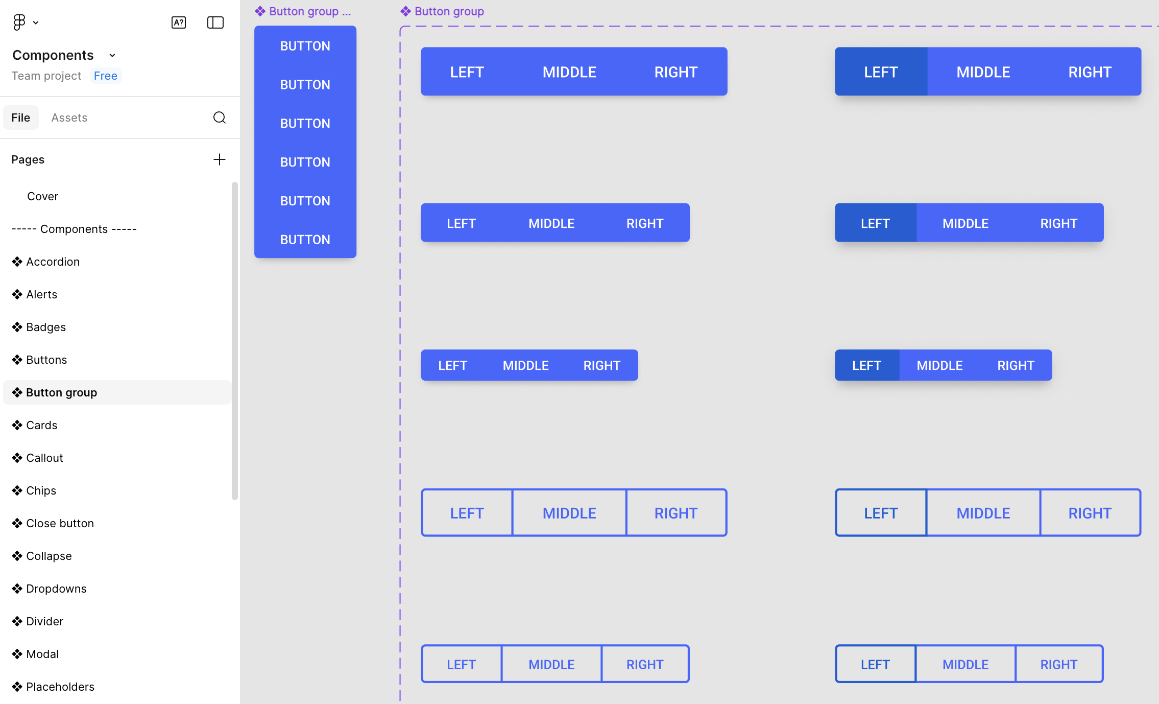 Screenshot of a user interface design in a code or app development environment. It features multiple button components labeled 'LEFT,' 'MIDDLE,' and 'RIGHT' arranged in different styles and colors, primarily blue and outlined blue, inside a design panel. The left sidebar displays a list of components such as Accordion, Alerts, Badges, Buttons, and Button group.