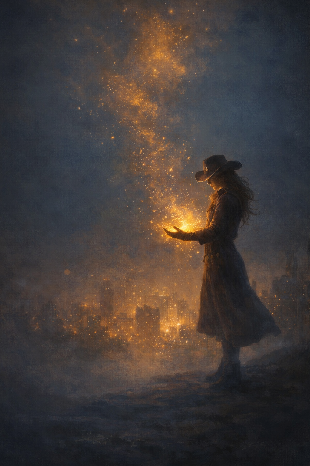 Cowgirl at twilight with golden glow.png