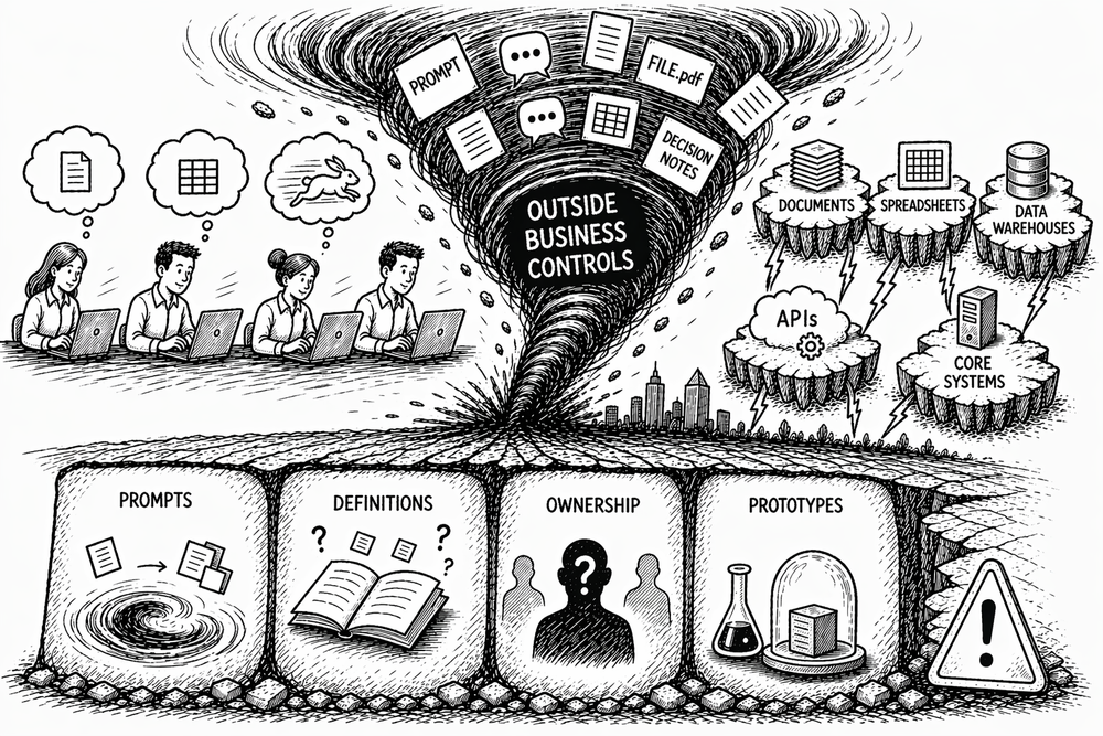 Sketch of a tornado of prompts and files spinning outside business controls, above cracked foundations of definitions, ownership and prototypes